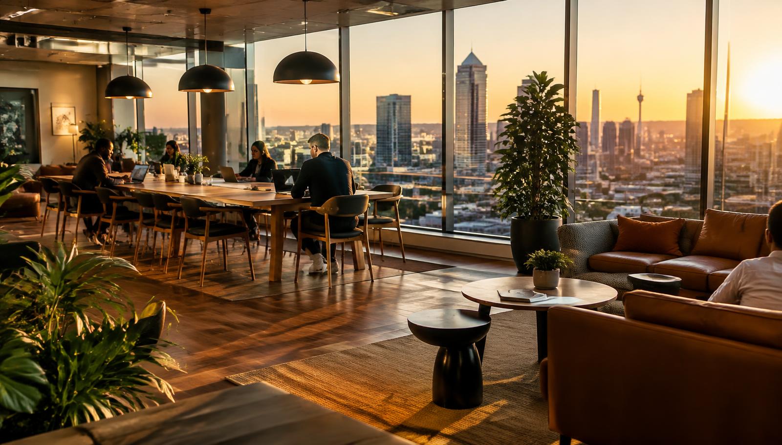 Bright office lounge overlooking Sandton